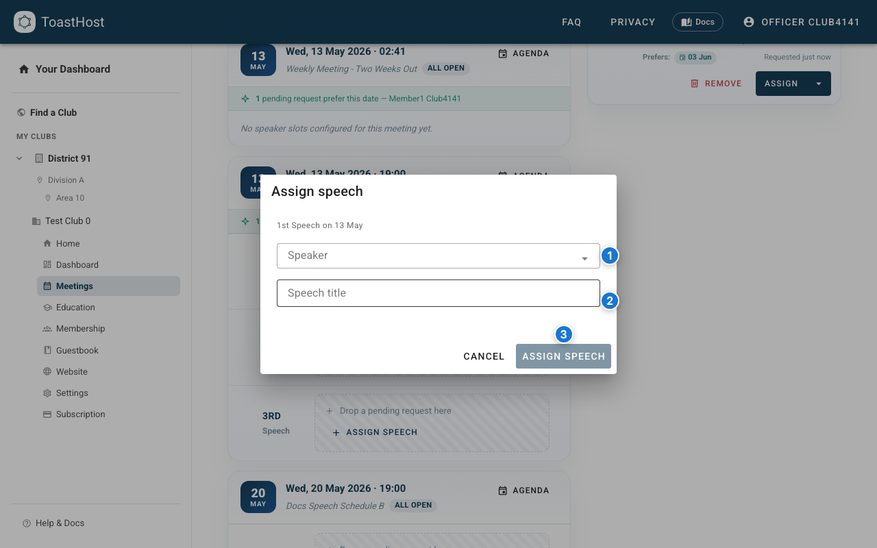 Assign speech dialog with speaker and speech title fields