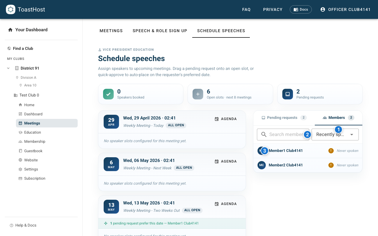 Members tab in Schedule Speeches showing sort control and member rows