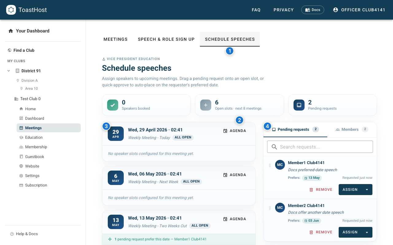Schedule Speeches tab showing summary cards, meeting speaker slots, and pending speech requests