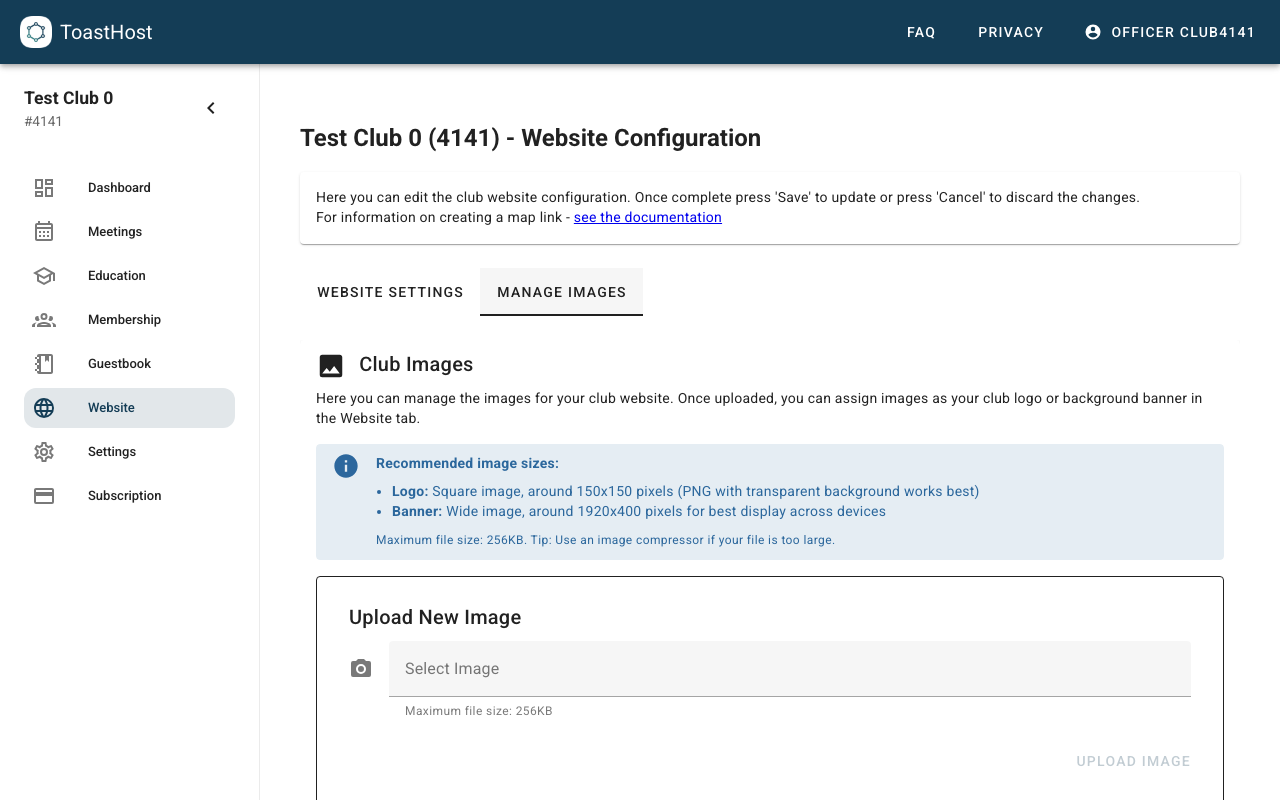 Manage Images tab showing upload section and recommended sizes