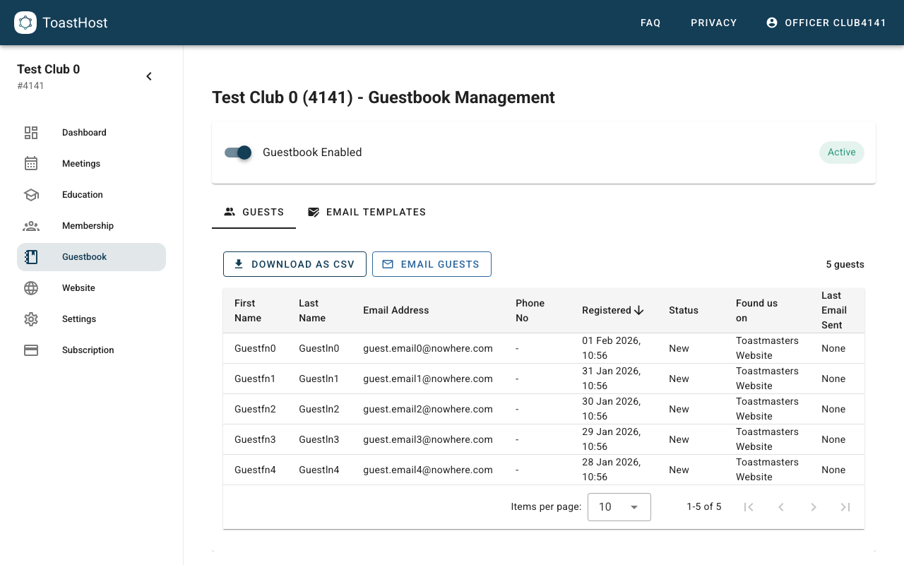 Guestbook management page showing the guest list and export/email actions