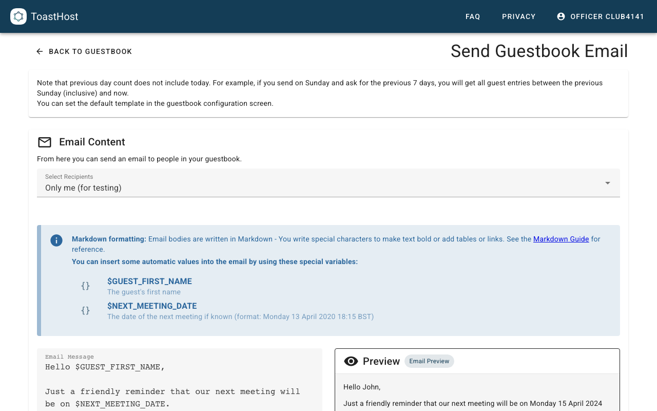 Send guestbook email page with recipient selection and live preview