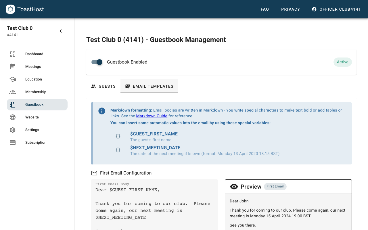 Guestbook email templates tab with welcome/reminder templates and preview