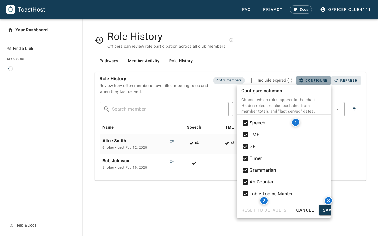 Role History configure columns dialog