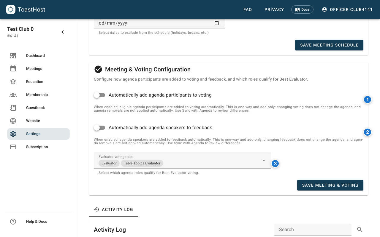 Meeting & Voting Configuration section in Club Settings
