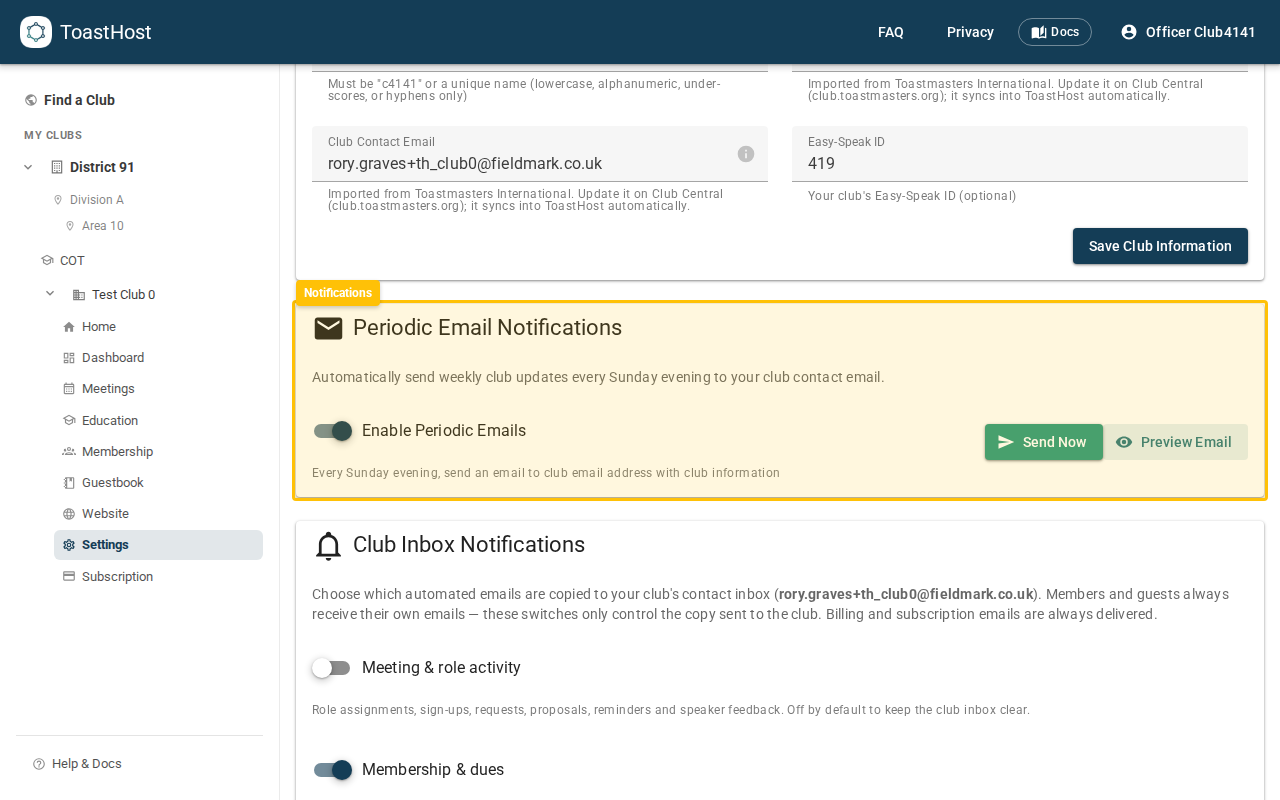 Periodic Email Notifications section in Club Settings