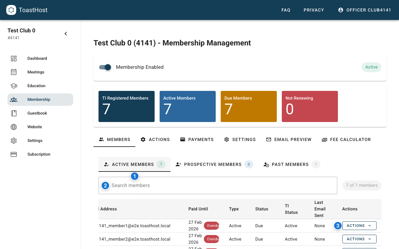 Member list showing member categories, search, and per-member actions