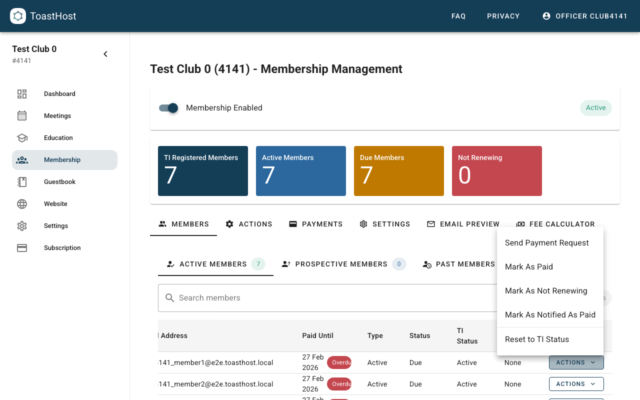 Member row actions menu showing payment and status actions