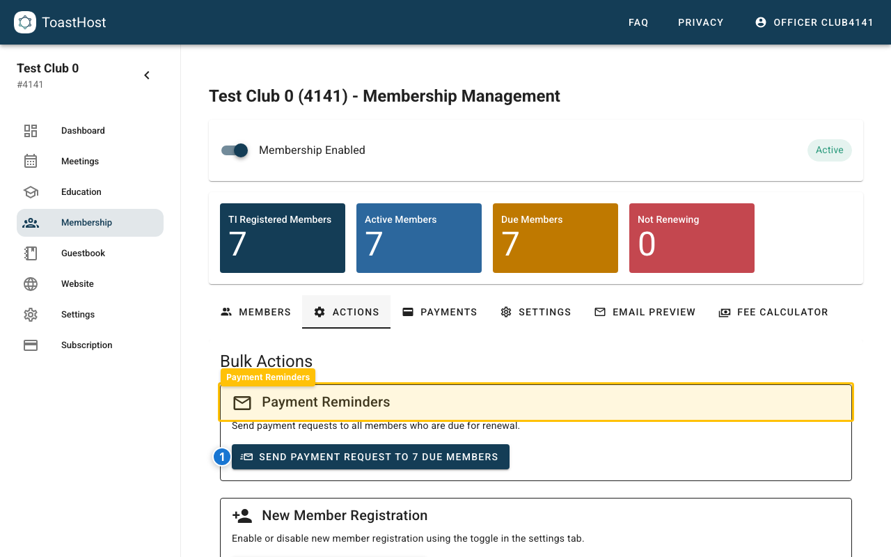 Actions tab showing the Payment Reminders bulk request button