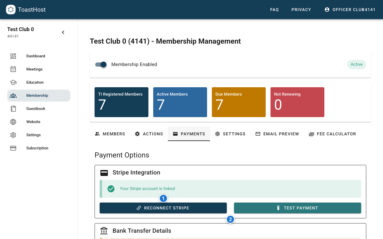 Payments tab showing Stripe integration and bank transfer details
