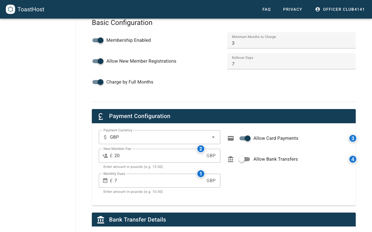 Payment configuration card showing dues and payment method toggles