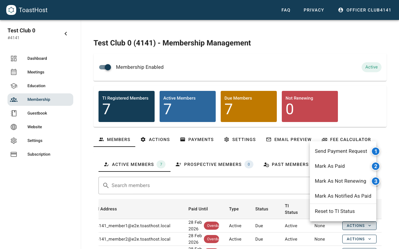 Member actions menu showing payment-related actions