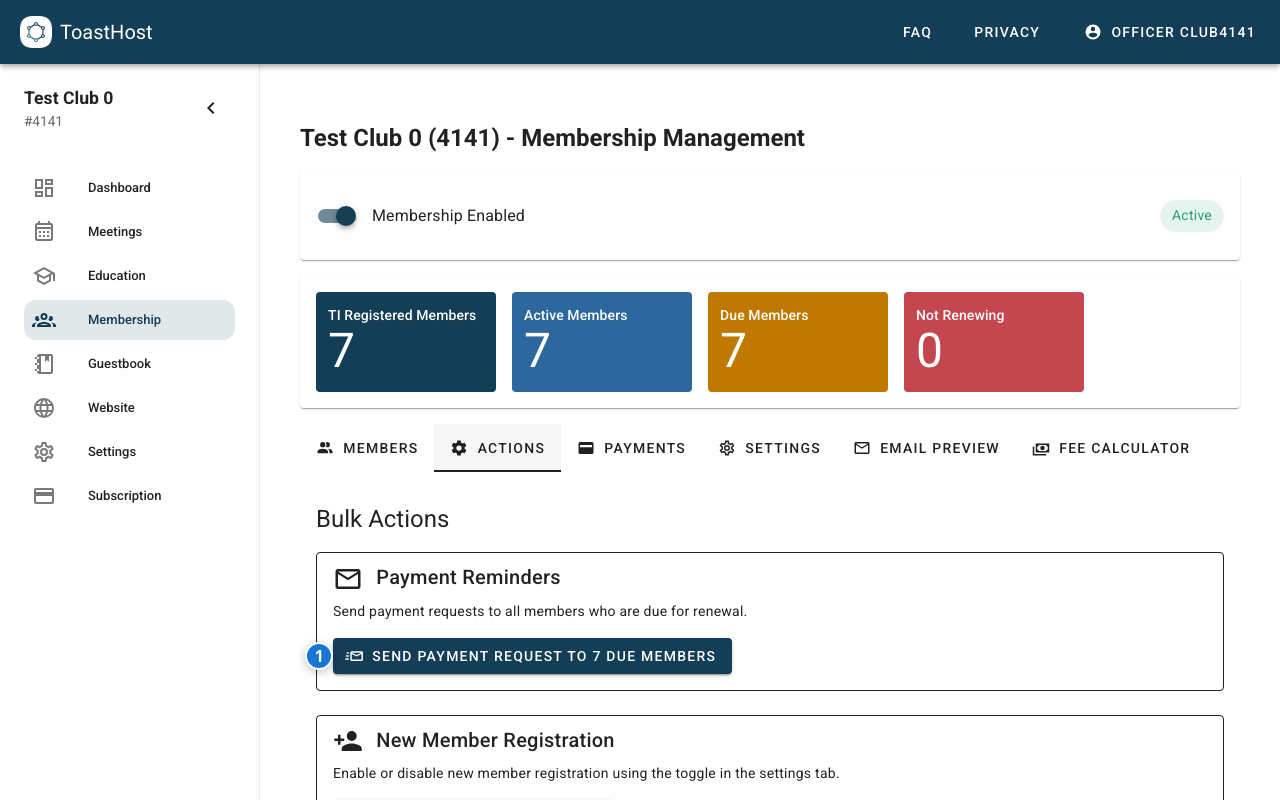 Actions tab showing payment reminders (bulk request)