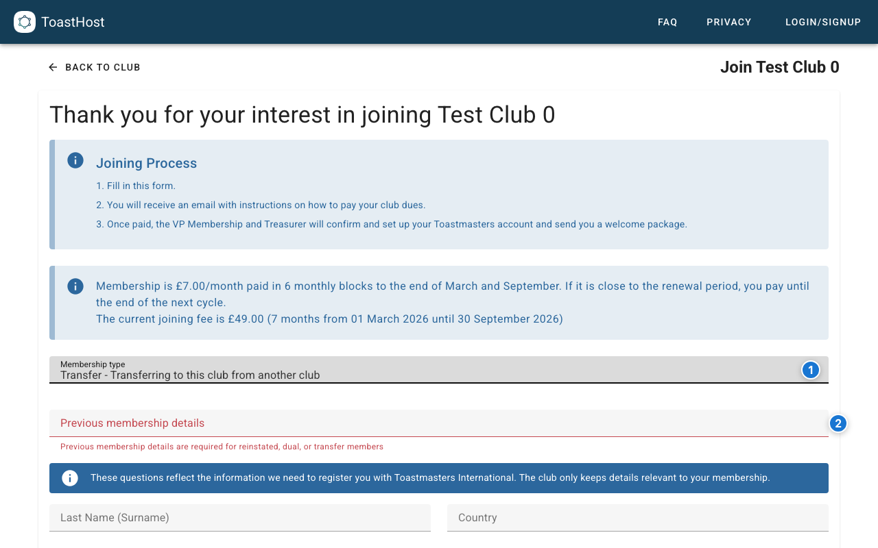 Public form showing membership type and previous membership details