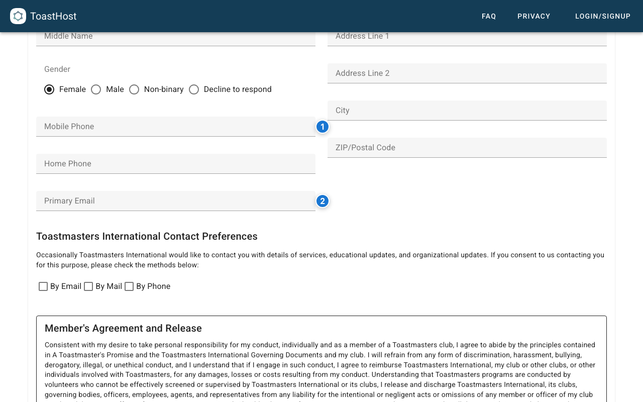 Public new member registration form