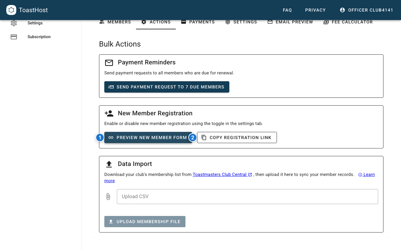 Actions tab showing new member registration controls