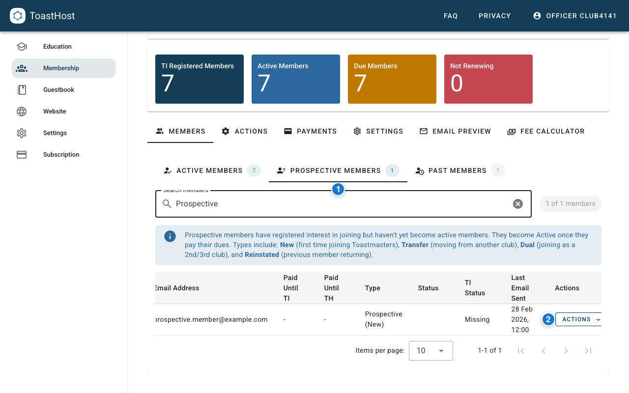 Prospective members tab showing row-level actions