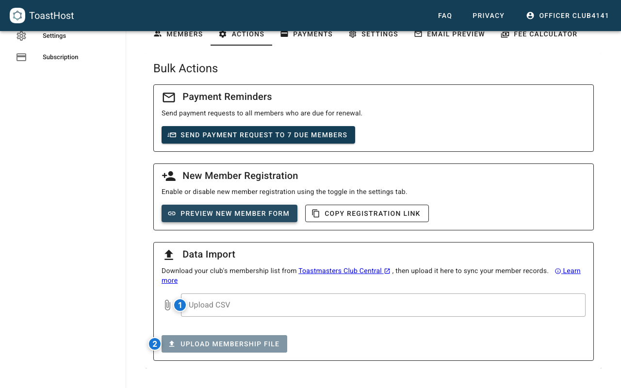 Actions tab showing membership data import controls