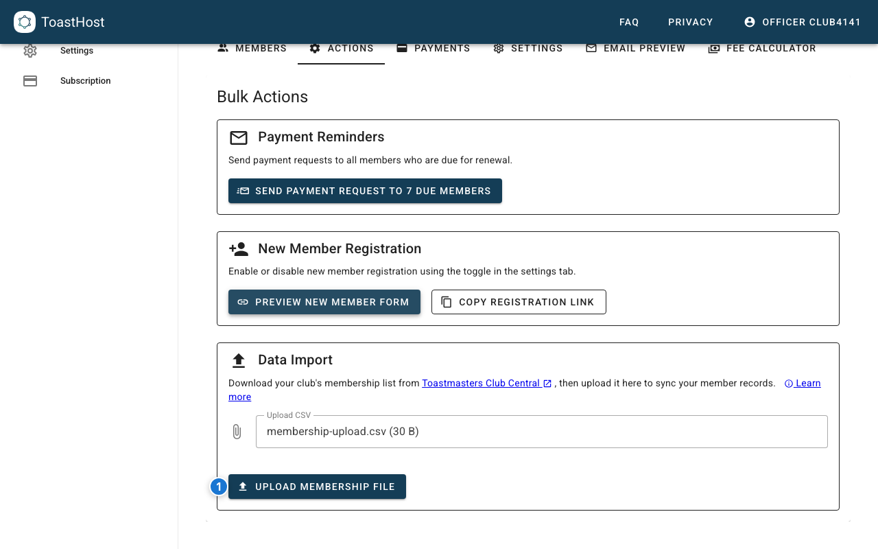 CSV selected so upload button is enabled