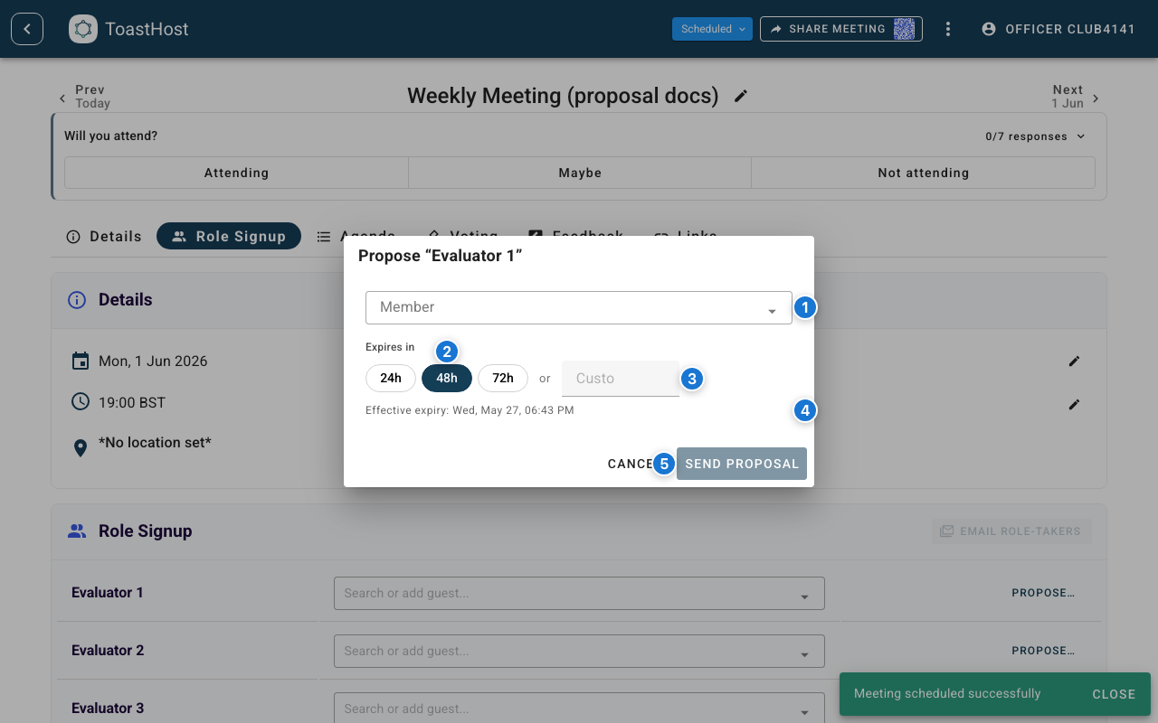 Propose Role dialog with the member selector, expiry chips, and Send proposal button